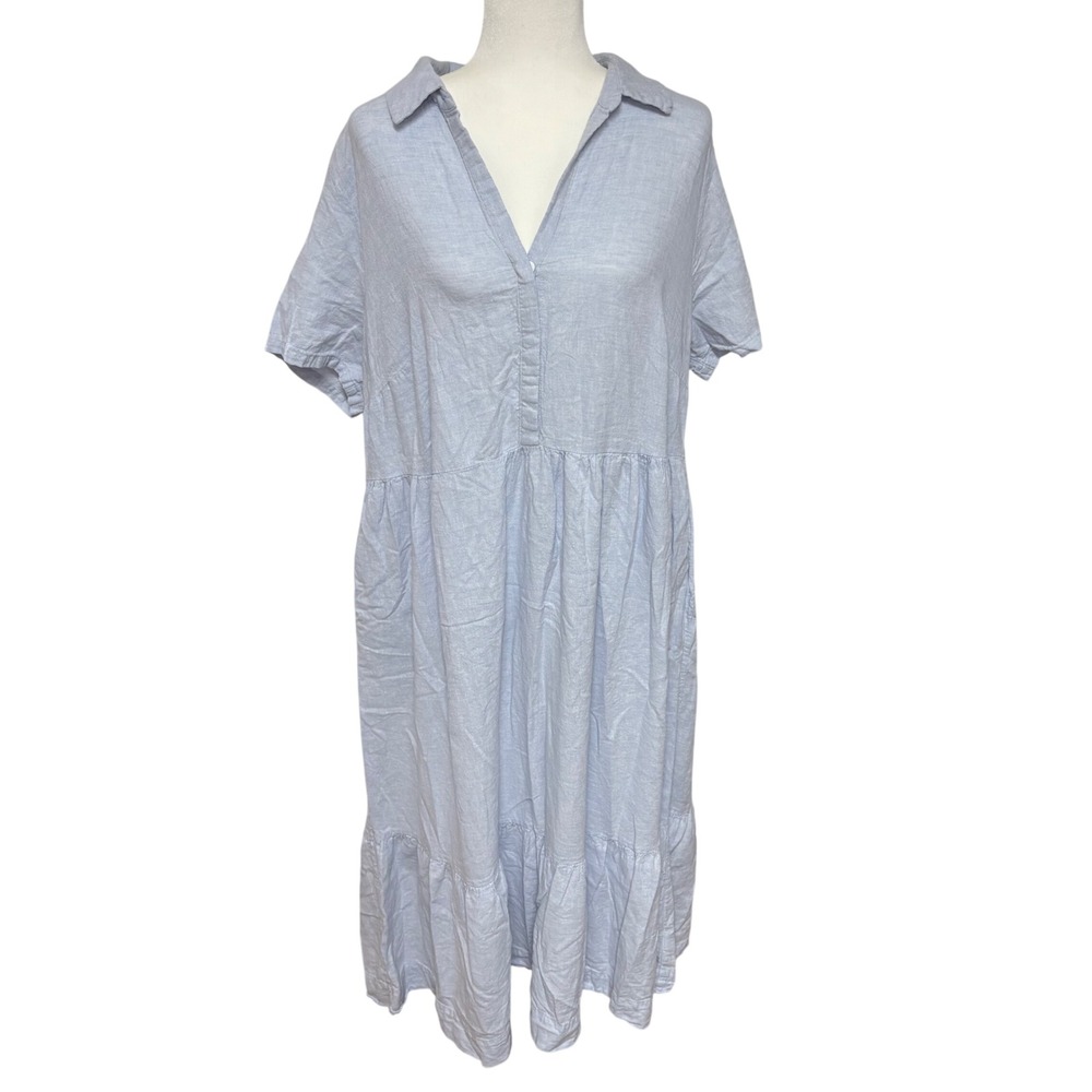 Nicole Miller Linen Tiered Maxi Dress Light Blue Plus Size 1X capsule minimalist